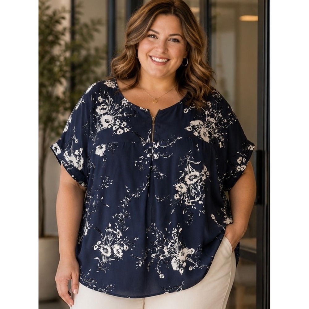 Maurices Women Blouse Navy Blue 2X Floral Zipper Back Casual Top Office Work